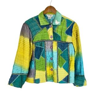 Anage‎ Med Silk Patchwork Pintuck Jacket Green Yellow Blue Art To Wear Butterfly